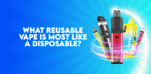 Blog image for 'What Reusable Vape Is Most Like a Disposable?' with image of five popular disposable vape alternative kits on a blue background