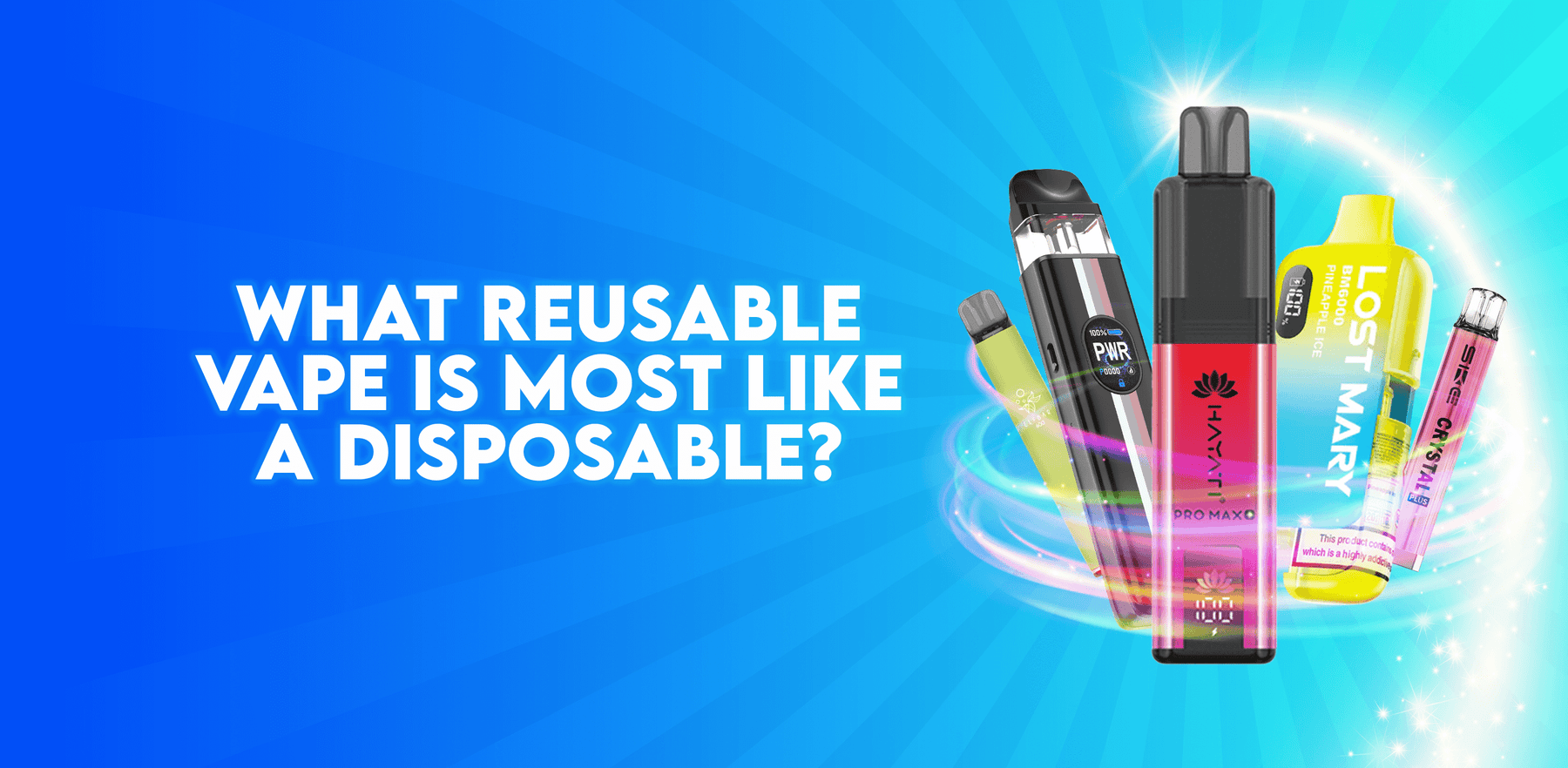 Blog image for 'What Reusable Vape Is Most Like a Disposable?' with image of five popular disposable vape alternative kits on a blue background