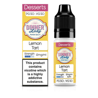 Product packaging for Dinner Lady Lemon Tart 12mg 50/50 E-Liquid, displaying the bottle, box, and label with relevant information such as flavour, brand, and nicotine strength