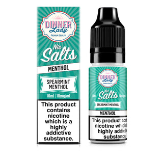 A product image showing a bottle of Dinner Lady Spearmint Menthol 10mg Nic Salt E-Liquid, with packaging displaying the brand, product name, and nicotine strength options.