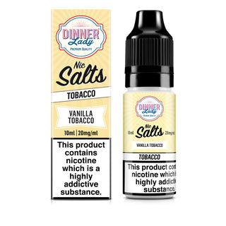 A product image showing a bottle of Dinner Lady Vanilla Tobacco 20mg Nic Salt E-Liquid, with packaging displaying the brand, product name, and nicotine strength.