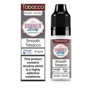 Product packaging for Dinner Lady Smooth Tobacco 3mg 50/50 E-Liquid, displaying the bottle, box, and label with relevant information such as flavour, brand, and nicotine strength