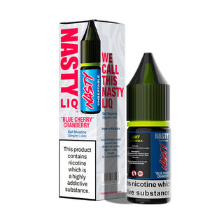 The image shows a 10ml bottle of Blue Cherry Cranberry Nastyliq Vape Juice by Nasty Juice, with packaging that includes product information and warning about nicotine content.