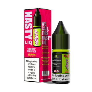 The image shows a 10ml bottle of Cherry Berry Ice Nastyliq Vape Juice by Nasty Juice. The product packaging is in the background, displaying the brand name and the flavor of the vape juice.