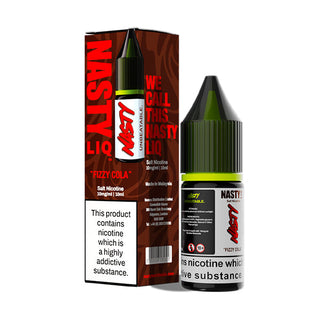 The image shows a product packaging for Nasty Juice Fizzy Cola Vape Juice. The packaging is predominantly black and red with an image of the vape juice bottle and a brief description of the product.