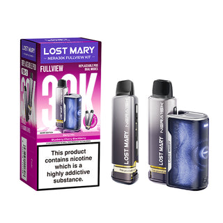 The image shows the Lost Mary NERA 30K Berry Edition vape kit packaging and the device itself. The packaging is vibrant with product information and the device features a blue textured body with a digital display.