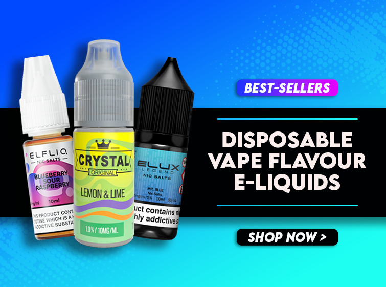 Disposable vape flavour eliquids displayed on small website banner