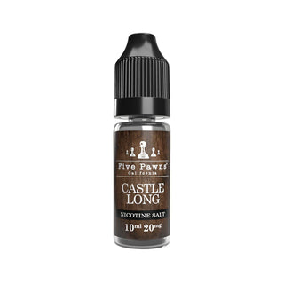 A bottle of Castle Long Nicotine Salt by Five Pawns with a label indicating it is a 10ml bottle containing 20mg of nicotine salt, with flavors listed as bourbon, almond, and vanilla.