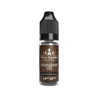A bottle of Five Pawns Symmetry Six Nicotine Salt e-liquid with a label showing the product name and flavor profile including rhubarb, strawberries, oat grains, graham cracker, and vanilla.