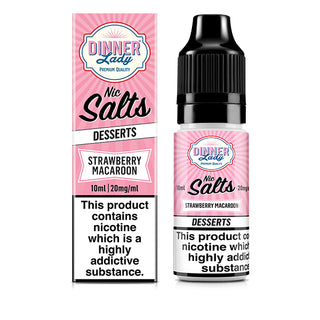 A product image showing the packaging of Dinner Lady Strawberry Macaroon Nic Salt E-Liquid, featuring a 10ml bottle with childproof cap, and branding elements such as the logo and flavor information.