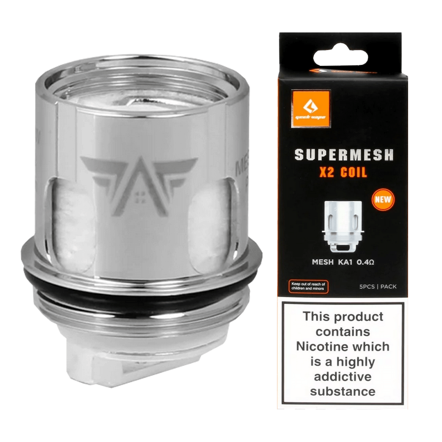 Vape Coil 5 Pack Geek Vape SuperMesh X2 0.4ohm Coils  5-Pack For  Aero/Shield/Cerberus Tanks, 50-60W Range, Nicotine-Free Super Mesh